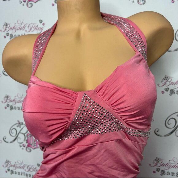 Bling dress sexy rutched sides bubblegum pink stretchy padded cups halter y2k - Picture 2 of 16